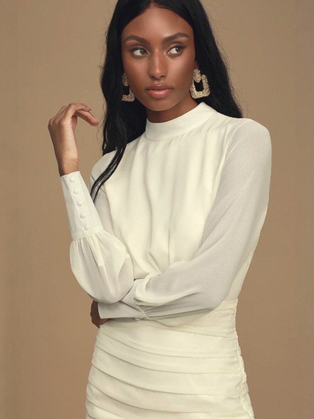 Lulus Major Inspo Cream Ruched Long Sleeve Mini Dress​ NWT - Picture 3 of 9